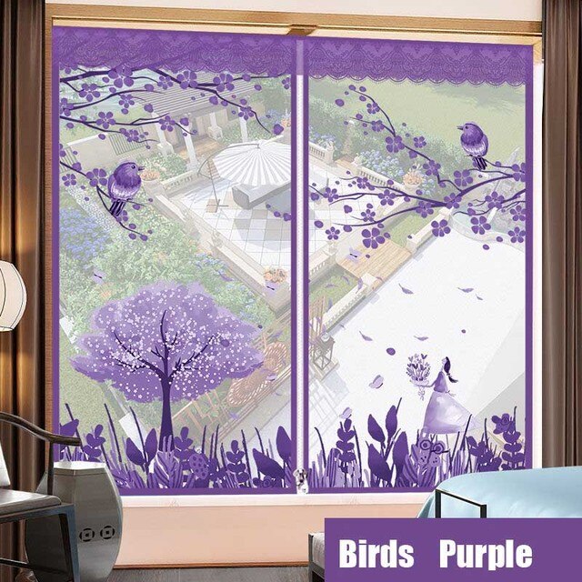 Zasłona panelowa z fioletowym drzewem i ptakami, siatka okienna z możliwością otwarcia na zamek błyskawiczny, wykonana z przędzy optymalizującej przepływ powietrza, z wymienną i zmywalną moskitierą - Wianko - 3