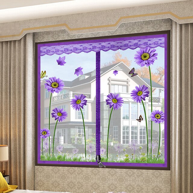 Zasłona panelowa z fioletowym drzewem i ptakami, siatka okienna z możliwością otwarcia na zamek błyskawiczny, wykonana z przędzy optymalizującej przepływ powietrza, z wymienną i zmywalną moskitierą - Wianko - 8