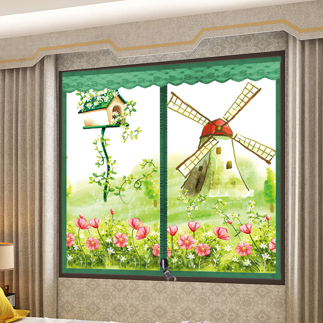 Zasłona panelowa z fioletowym drzewem i ptakami, siatka okienna z możliwością otwarcia na zamek błyskawiczny, wykonana z przędzy optymalizującej przepływ powietrza, z wymienną i zmywalną moskitierą - Wianko - 7