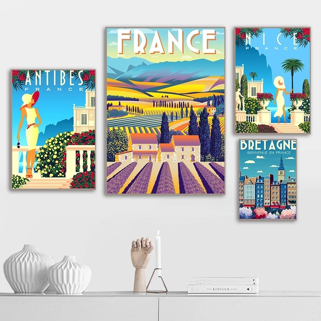 Obrazy na płótnie Vintage z Francji: podróże, dekoracje, styl paryski, prowansalski, bretański, Antibes, domy wiejskie, plakaty artystyczne - Wianko - 3