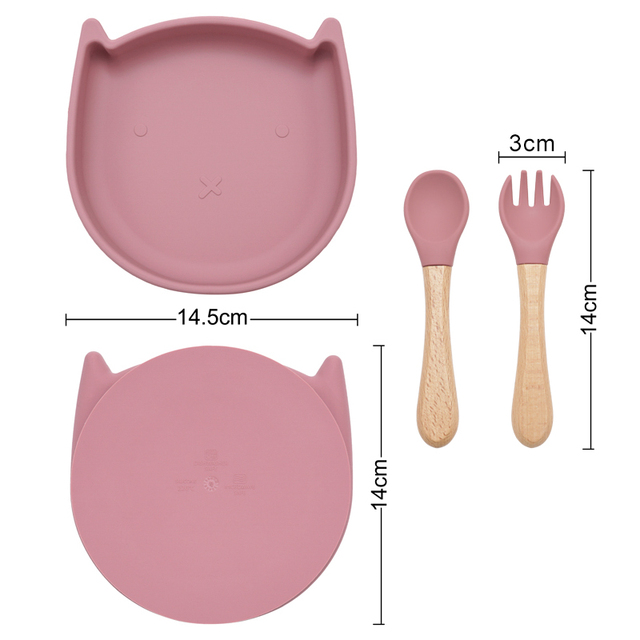Naczynia silikonowe dla dzieci – miska, talerz, widelec i łyżka z przyssawką, drewniany uchwyt - Wianko - 7