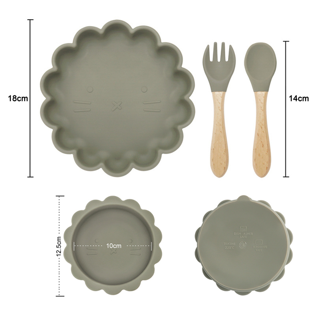 Naczynia silikonowe dla dzieci – miska, talerz, widelec i łyżka z przyssawką, drewniany uchwyt - Wianko - 1