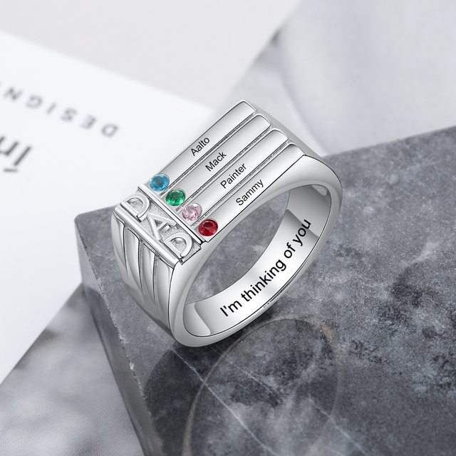 Personalizowany srebrny pierścień z grawerem imienia i kamieniem związanych z datą urodzin - prezent dla taty - Wianko - 6