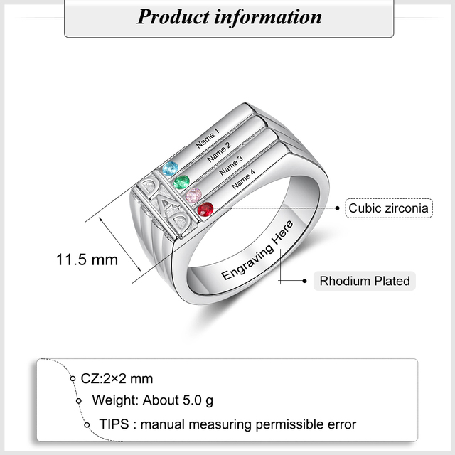 Personalizowany srebrny pierścień z grawerem imienia i kamieniem związanych z datą urodzin - prezent dla taty - Wianko - 3