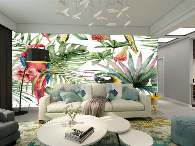Akwarela tropikalna papuga - tapeta do salonu - ptak, kwiaty, liście palmowe - 3D dekoracja wnętrz - Wianko - 12