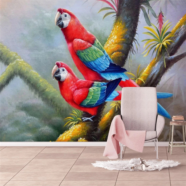 Akwarela tropikalna papuga - tapeta do salonu - ptak, kwiaty, liście palmowe - 3D dekoracja wnętrz - Wianko - 4
