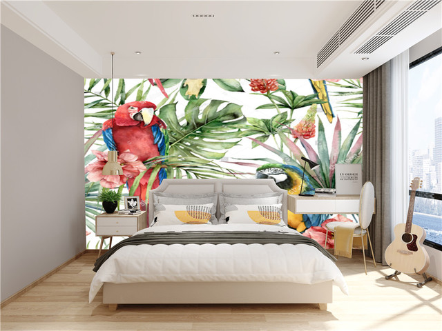 Akwarela tropikalna papuga - tapeta do salonu - ptak, kwiaty, liście palmowe - 3D dekoracja wnętrz - Wianko - 13