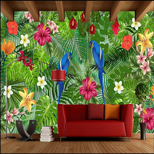 Akwarela tropikalna papuga - tapeta do salonu - ptak, kwiaty, liście palmowe - 3D dekoracja wnętrz - Wianko - 5