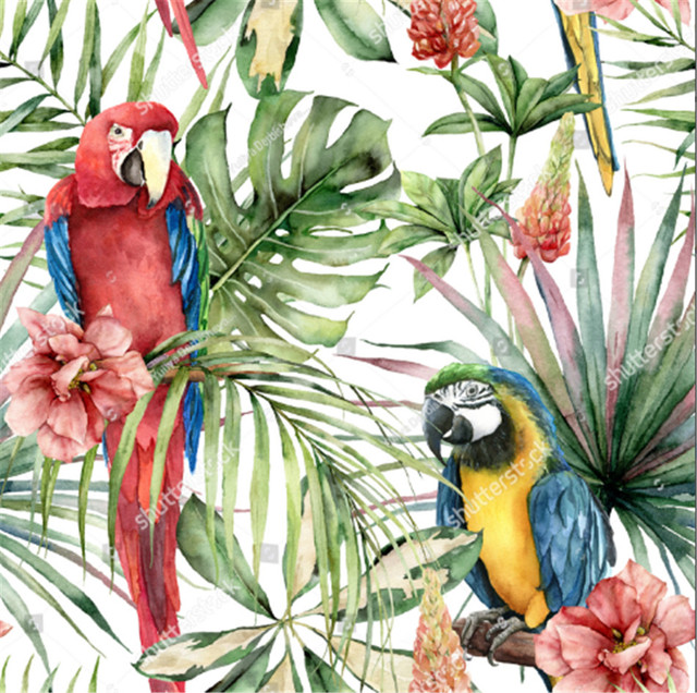 Akwarela tropikalna papuga - tapeta do salonu - ptak, kwiaty, liście palmowe - 3D dekoracja wnętrz - Wianko - 14