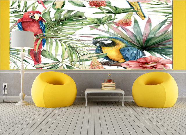 Akwarela tropikalna papuga - tapeta do salonu - ptak, kwiaty, liście palmowe - 3D dekoracja wnętrz - Wianko - 10