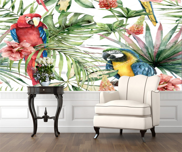 Akwarela tropikalna papuga - tapeta do salonu - ptak, kwiaty, liście palmowe - 3D dekoracja wnętrz - Wianko - 9