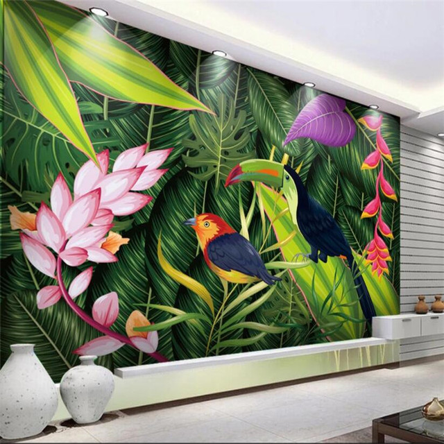 Akwarela tropikalna papuga - tapeta do salonu - ptak, kwiaty, liście palmowe - 3D dekoracja wnętrz - Wianko - 6