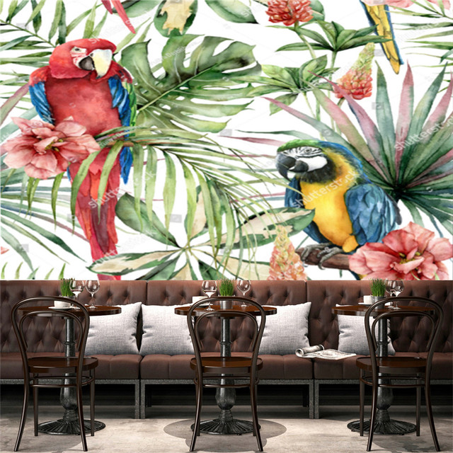 Akwarela tropikalna papuga - tapeta do salonu - ptak, kwiaty, liście palmowe - 3D dekoracja wnętrz - Wianko - 11
