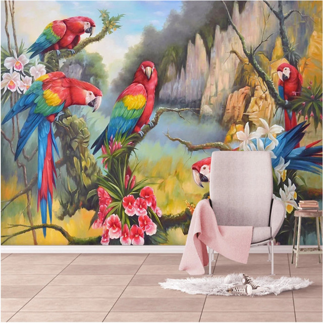 Akwarela tropikalna papuga - tapeta do salonu - ptak, kwiaty, liście palmowe - 3D dekoracja wnętrz - Wianko - 3