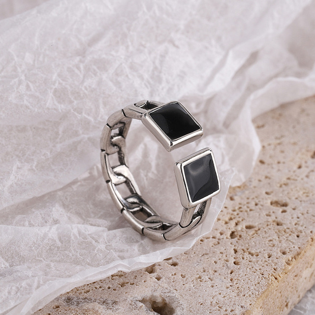 Trójkąt kwadratowy pierścień z czarnym cyrkonem VENTFILLE 925 srebro dla kobiet - biżuteria srebrna 2021 - Wianko - 4
