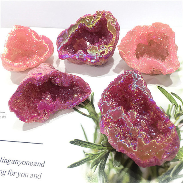 Naturalny agat Geode kryształ kwarcowy - różowy kamień leczniczy do dekoracji wnętrz - Wianko - 4
