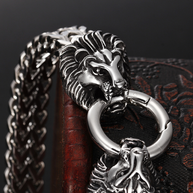 Bransoletka męska srebrna z czaszką wilka i głową lwa - biżuteria stalowa - Wianko - 7