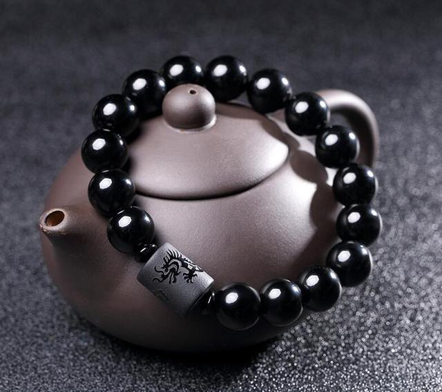 Pleciona bransoletka z naturalnym czarnym obsydianem o średnicy 10 mm, z rzeźbionym amuletem budda na szczęście - biżuteria unisex - Wianko - 2