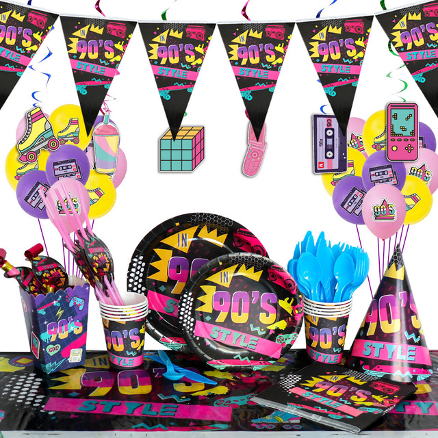 Zestaw stołowy jednorazowy w stylu lat 90. - talerze, kubki, serwetki, dekoracje i balony hip-hopowe na imprezy urodzinowe - Wianko - 1