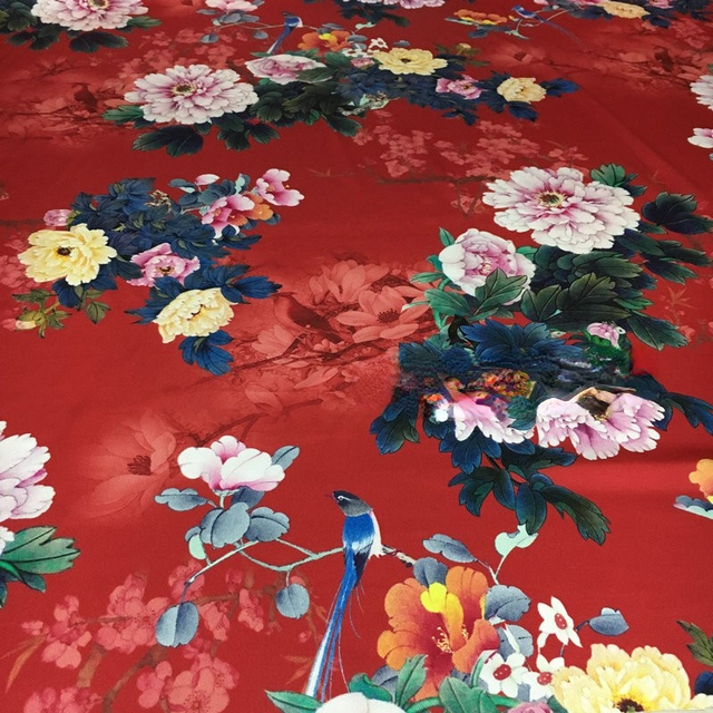 Kwiat piwonii i ptak - tkanina jedwabna ciężka w druk cyfrowy - metr - Wianko - 10