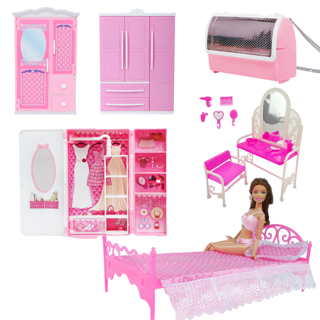 Meble do domku dla lalek - różowy zestaw wysokiej jakości ze szafą, łóżkiem, poduszką i toaletką - Wianko - 1