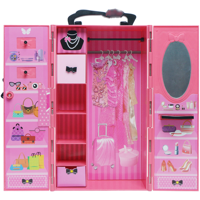 Meble do domku dla lalek - różowy zestaw wysokiej jakości ze szafą, łóżkiem, poduszką i toaletką - Wianko - 7