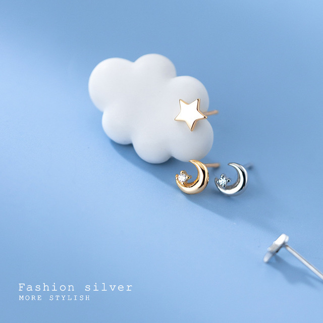 925 Sterling Silver Kolczyki sztyfty koreańskiej mody - mini gwiazda księżyc dla młodych kobiet - Wianko - 5