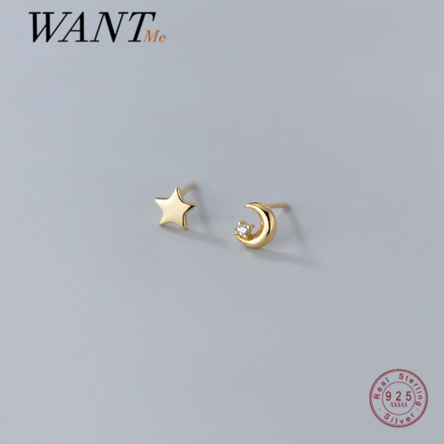 925 Sterling Silver Kolczyki sztyfty koreańskiej mody - mini gwiazda księżyc dla młodych kobiet - Wianko - 1
