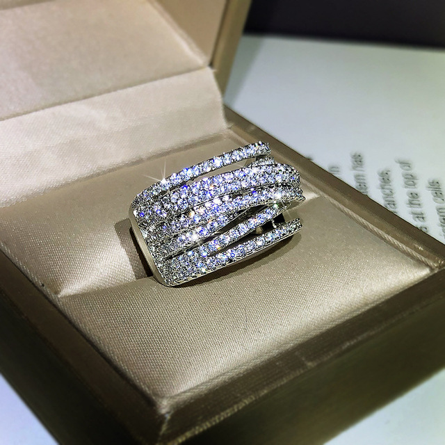 Szeroki pierścionek dla kobiet Interweave Design z cyrkoniami, wykonany ze srebra pr. 925 – prezent na rocznicę lub Walentynki - Wianko - 4