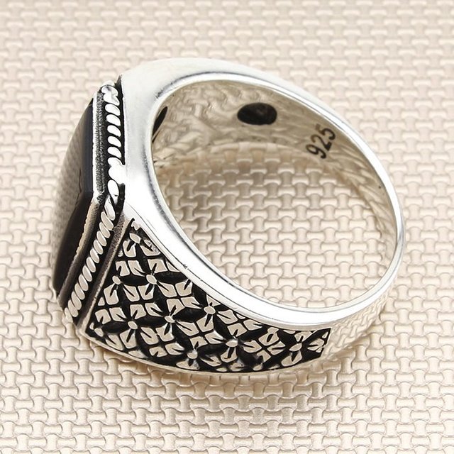 Srebrny pierścionek męski z czarnym onyksem w kształcie kwadratu i zdobieniem diamentowym 925 srebro Tureckie - Wianko - 2