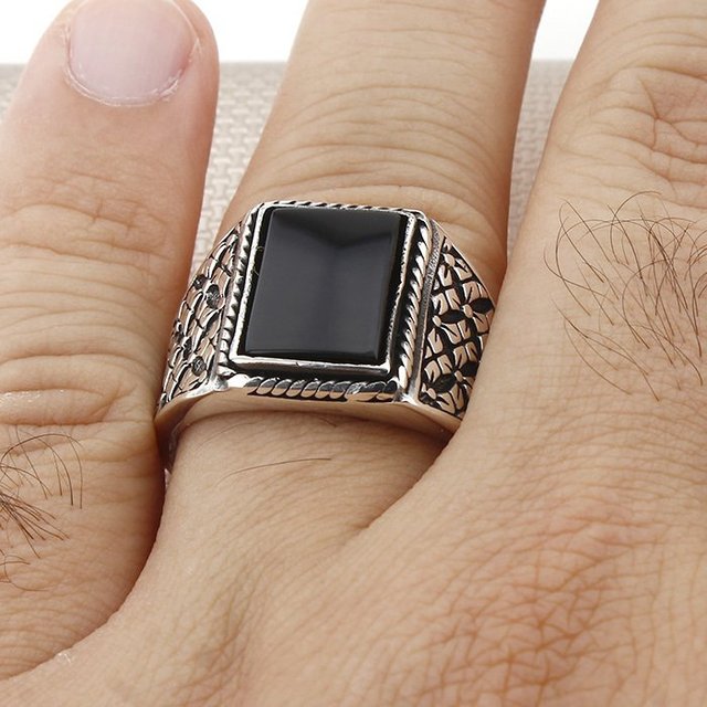 Srebrny pierścionek męski z czarnym onyksem w kształcie kwadratu i zdobieniem diamentowym 925 srebro Tureckie - Wianko - 3