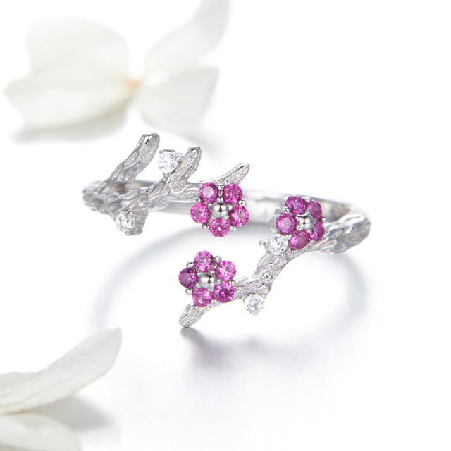 Pierścień 925 Sterling Silver Trunk kwiat śliwy z regulacją, biżuteria ślubna fioletowy cyrkon, zima kwitnące - Wianko - 8