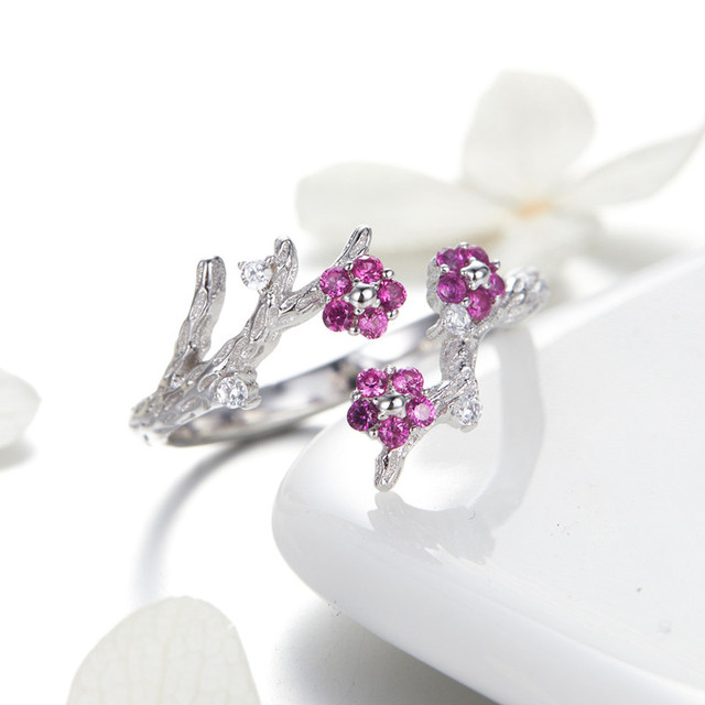 Pierścień 925 Sterling Silver Trunk kwiat śliwy z regulacją, biżuteria ślubna fioletowy cyrkon, zima kwitnące - Wianko - 7