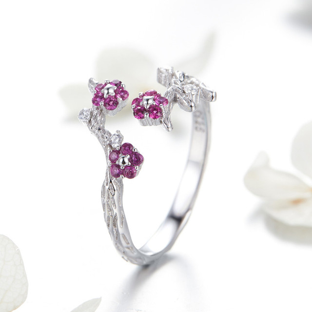 Pierścień 925 Sterling Silver Trunk kwiat śliwy z regulacją, biżuteria ślubna fioletowy cyrkon, zima kwitnące - Wianko - 9