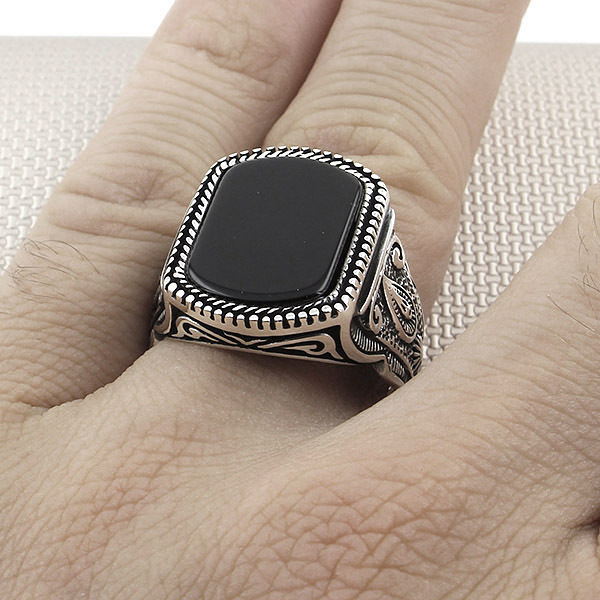 Męski pierścionek z turkusowym naturalnym kamieniem w srebrze próby 925 – klasyczna biżuteria ręcznie wykonana - Wianko - 6