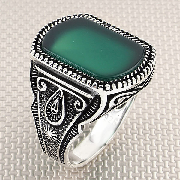 Męski pierścionek z turkusowym naturalnym kamieniem w srebrze próby 925 – klasyczna biżuteria ręcznie wykonana - Wianko - 3