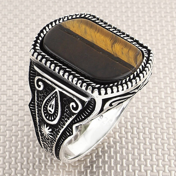 Męski pierścionek z turkusowym naturalnym kamieniem w srebrze próby 925 – klasyczna biżuteria ręcznie wykonana - Wianko - 4