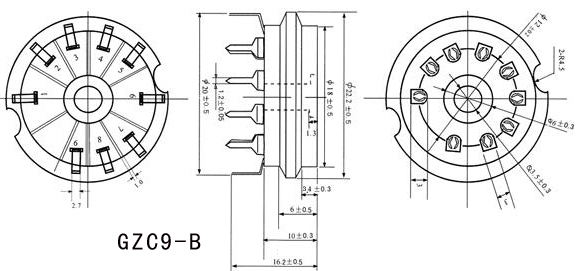 Gniazdo ceramiczne GZC9-B-G - 12AX7 ECC82, 9-pin, pozłacane, do płytki drukowanej, małe - Wianko - 1