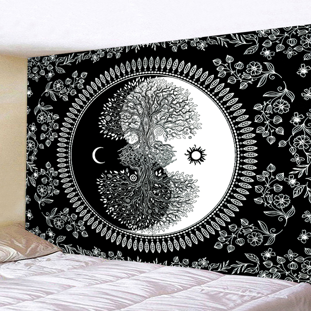 Gobelin Mandala z motywem słońca, księżyca i czerni oraz bieli - dekoracja ściany w stylu psychodelicznym - Wianko - 9