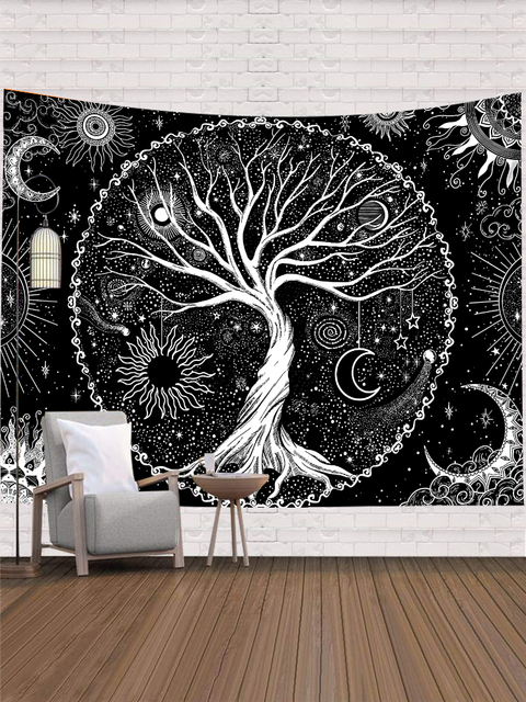 Gobelin Mandala z motywem słońca, księżyca i czerni oraz bieli - dekoracja ściany w stylu psychodelicznym - Wianko - 3