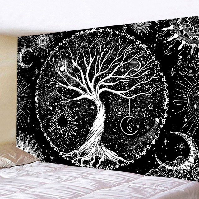 Gobelin Mandala z motywem słońca, księżyca i czerni oraz bieli - dekoracja ściany w stylu psychodelicznym - Wianko - 4