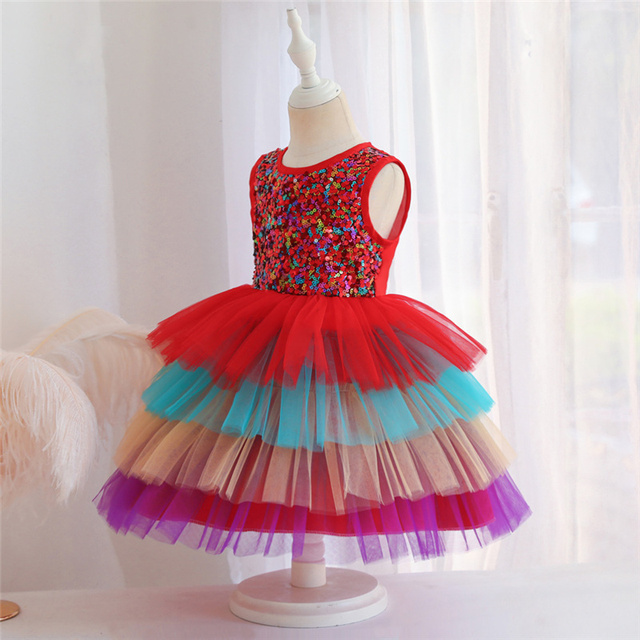 Sukienka wieczorowa w kwiaty dla dziewczynki - kolorowe ciasto, cekinowa siatka, dziecięcy Tutu Princess Dress Costume - Wianko - 20