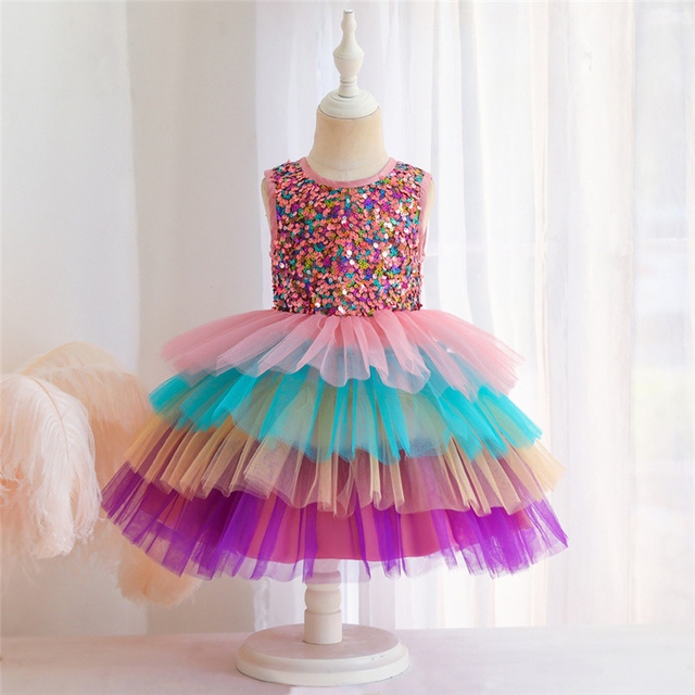 Sukienka wieczorowa w kwiaty dla dziewczynki - kolorowe ciasto, cekinowa siatka, dziecięcy Tutu Princess Dress Costume - Wianko - 22