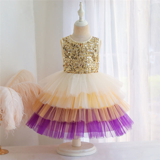 Sukienka wieczorowa w kwiaty dla dziewczynki - kolorowe ciasto, cekinowa siatka, dziecięcy Tutu Princess Dress Costume - Wianko - 28