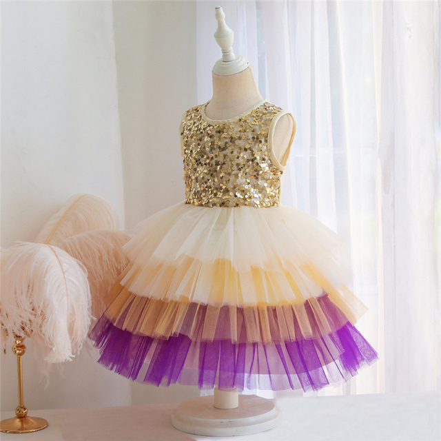 Sukienka wieczorowa w kwiaty dla dziewczynki - kolorowe ciasto, cekinowa siatka, dziecięcy Tutu Princess Dress Costume - Wianko - 29
