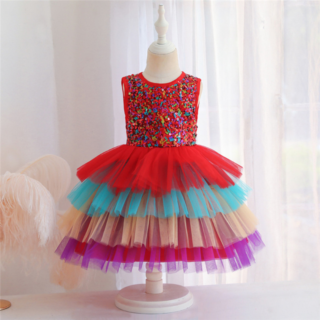 Sukienka wieczorowa w kwiaty dla dziewczynki - kolorowe ciasto, cekinowa siatka, dziecięcy Tutu Princess Dress Costume - Wianko - 19
