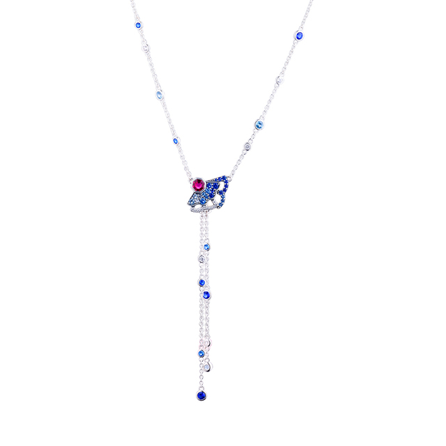 Nowy naszyjnik łańcuszkowy Fan Y z niebieskim i różowym kryształem - oryginalne srebrne naszyjniki 925 dla kobiet. (N124) - Wianko - 4