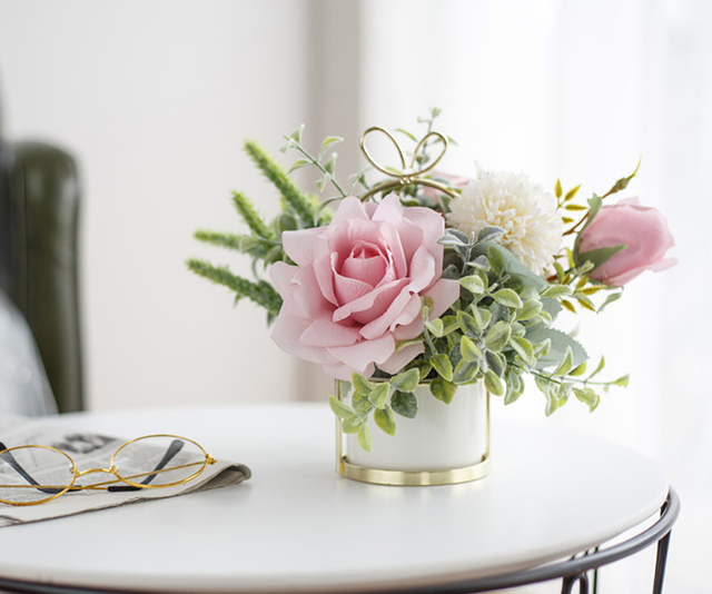 Sztuczne kwiaty różowej róży i białej hortensji - dekoracja biurowa, ślubna i do domu, Bonsai z ceramicznym wazonem - Wianko - 9