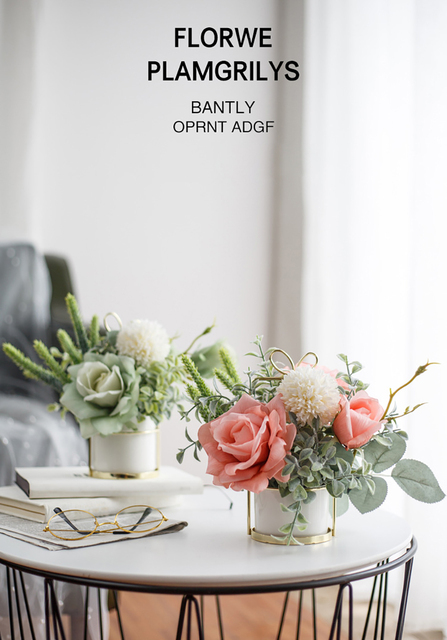 Sztuczne kwiaty różowej róży i białej hortensji - dekoracja biurowa, ślubna i do domu, Bonsai z ceramicznym wazonem - Wianko - 1