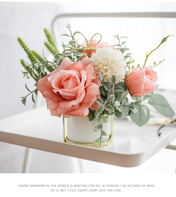 Sztuczne kwiaty różowej róży i białej hortensji - dekoracja biurowa, ślubna i do domu, Bonsai z ceramicznym wazonem - Wianko - 12